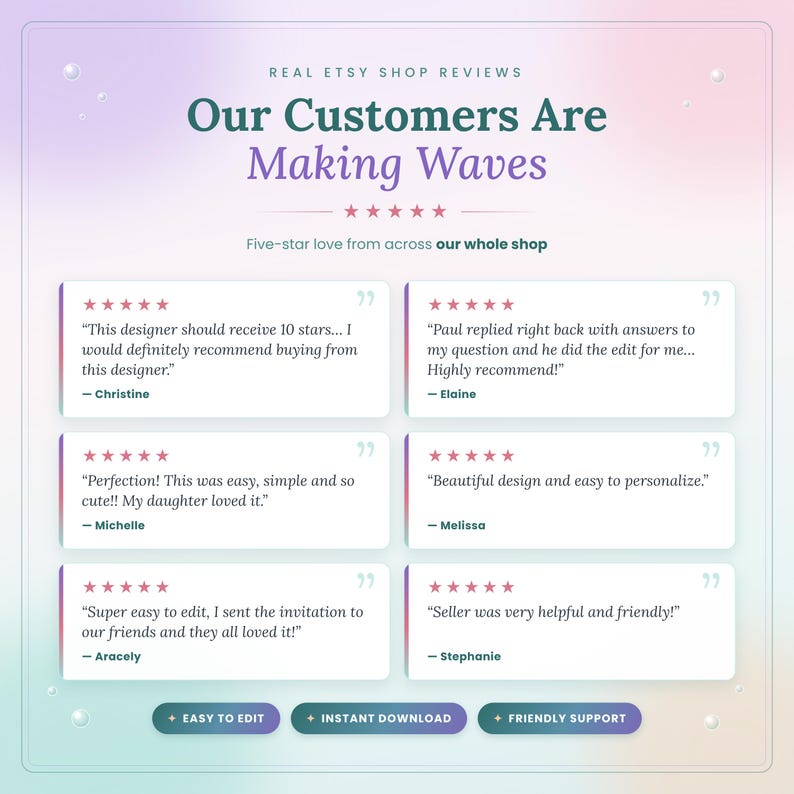 Real five-star reviews from across the PR Creative Digital shop, praising easy editing, instant download and friendly support.