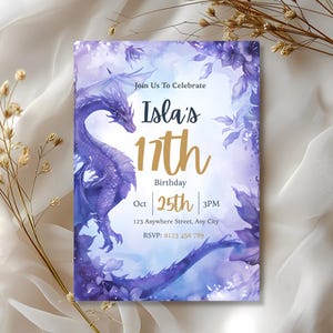 Watercolor dragon party invitation in purple and lavender with gold 17th, magical fantasy birthday invite on silk with dried golden flowers