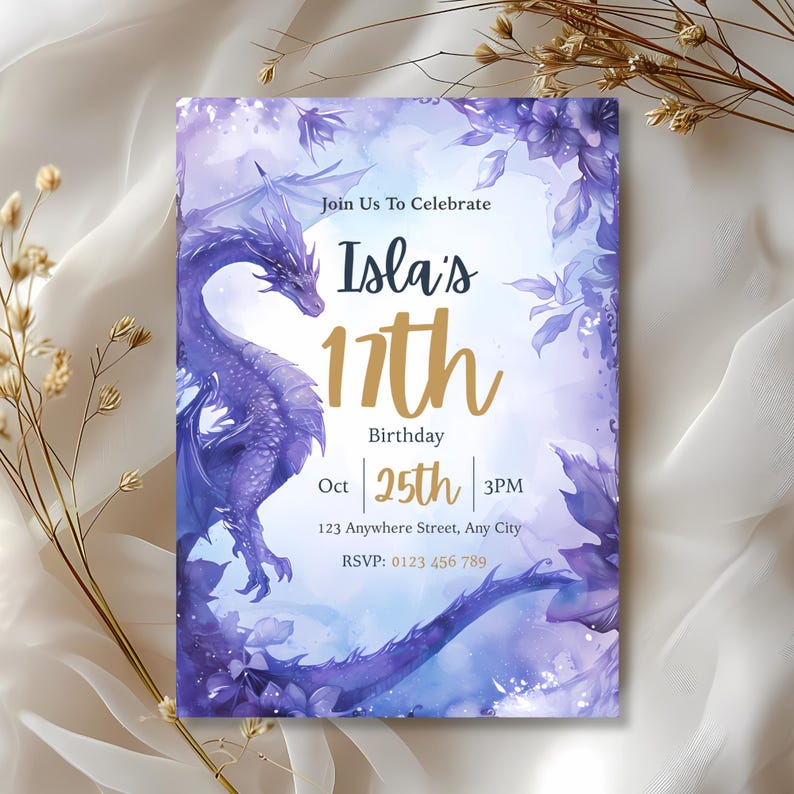 Watercolor dragon party invitation in purple and lavender with gold 17th, magical fantasy birthday invite on silk with dried golden flowers