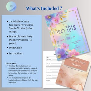What's included in girls birthday invitation download showing editable Canva template, mobile version, and free 18-page Ultimate Party Planner printable bonus