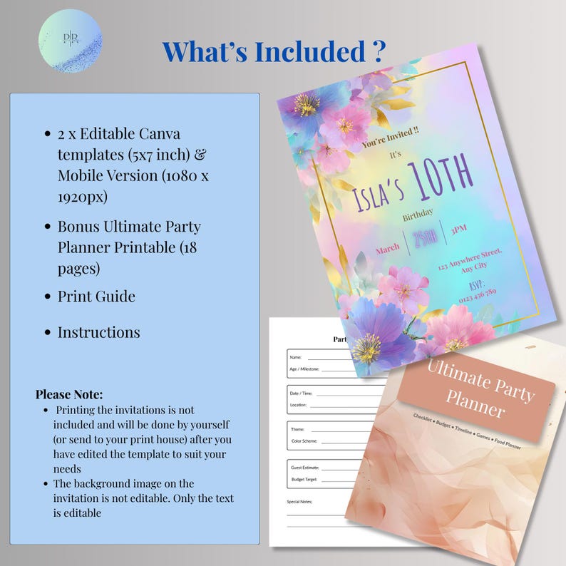 What's included in girls birthday invitation download showing editable Canva template, mobile version, and free 18-page Ultimate Party Planner printable bonus
