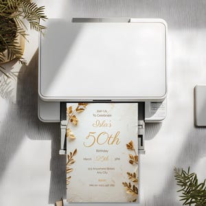 Cream and gold botanical 70th birthday invitation printing at home — printable editable Canva template, instant digital download