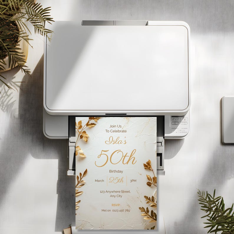 Cream and gold botanical 70th birthday invitation printing at home — printable editable Canva template, instant digital download