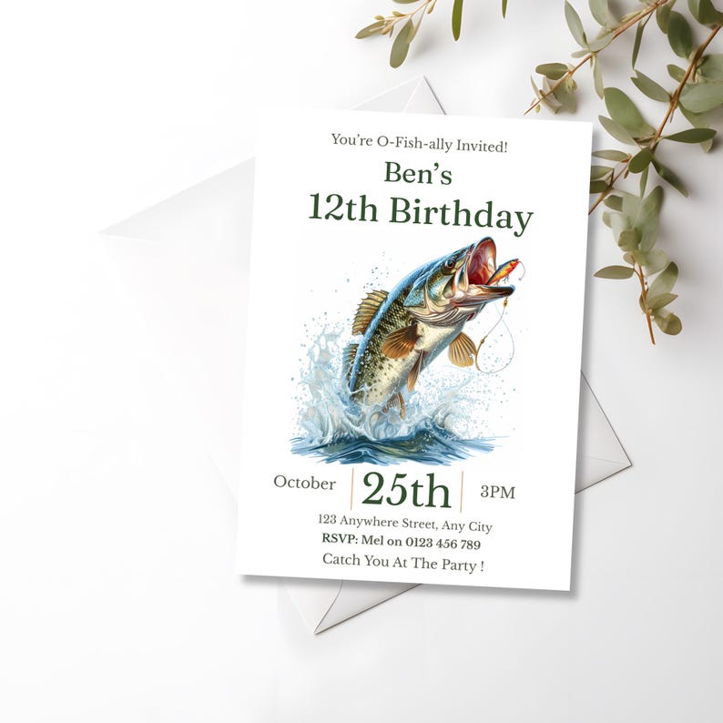 Bass fishing birthday invitation card styled with green foliage on a light textured background