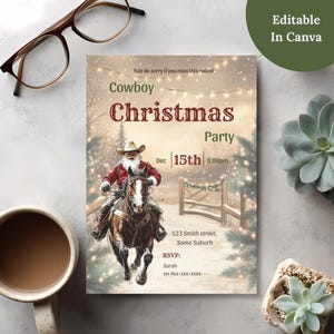 Editable Cowboy Christmas Invitation on a desk with glasses, coffee, and succulent, showing the Canva editable badge for this rustic western Santa Christmas party invite.