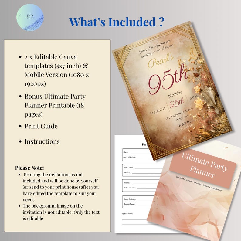 What's Included graphic for 95th birthday invitation showing two editable Canva templates, bonus 18-page Ultimate Party Planner printable, print guide and instructions, with the Art Deco amber invitation and party planner preview visible