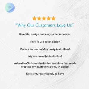 May include: A light background with text that reads "Why Our Customers Love Us" and customer testimonials. The text is in a teal color, with five gold stars above the text. The testimonials describe the design and ease of use.