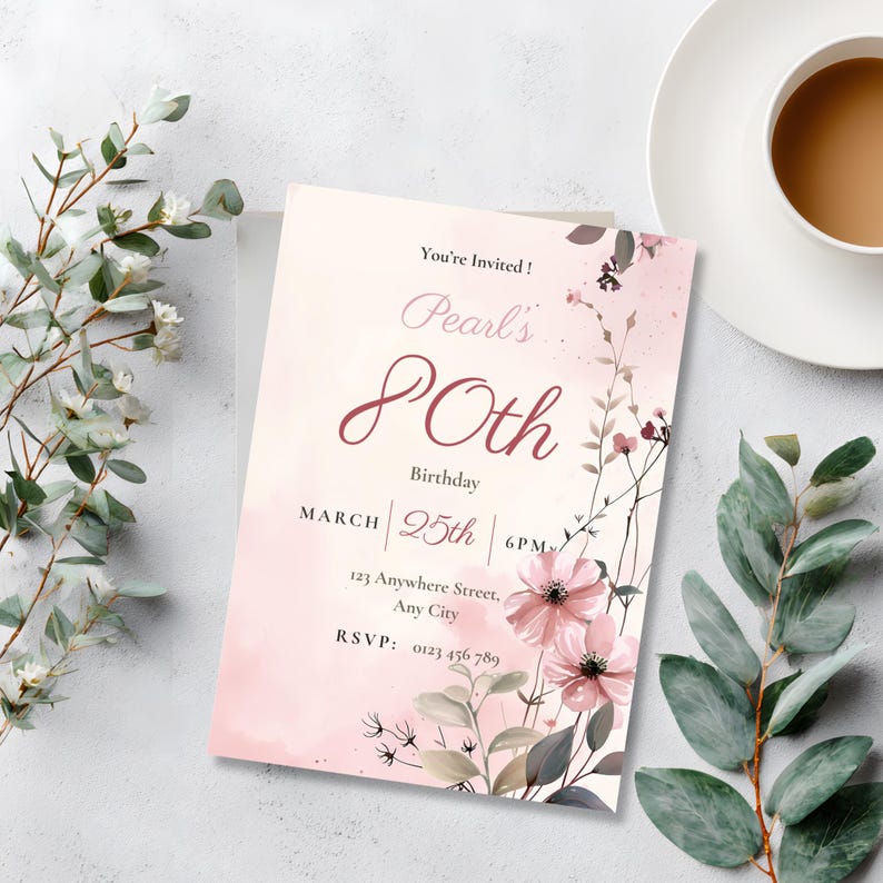 Printed 80th birthday invitation card styled with eucalyptus and coffee, pink watercolor floral design, editable Canva template