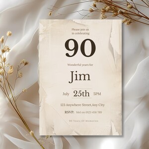 Vintage newspaper style 90th birthday invitation template with elegant typography, editable Canva design for milestone celebration