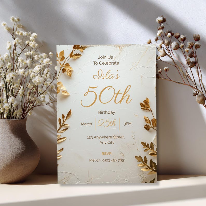 Luxury cream and gold 70th birthday invitation leaning on shelf — elegant floral botanical Canva template for milestone celebration
