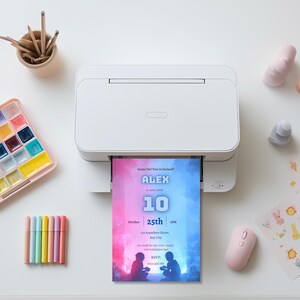 Instant download gamer birthday invitation printing at home, editable neon video game party invite ready to print or send digitally
