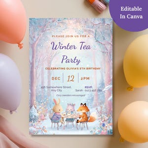 Editable in Canva: girl winter tea party birthday invitation with woodland animals. Change the name, age, date and RSVP details with a free Canva account