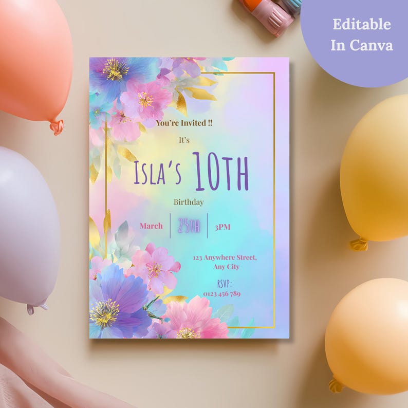 Editable in Canva pastel rainbow floral girls birthday party invitation surrounded by colorful balloons, personalized birthday invite digital download