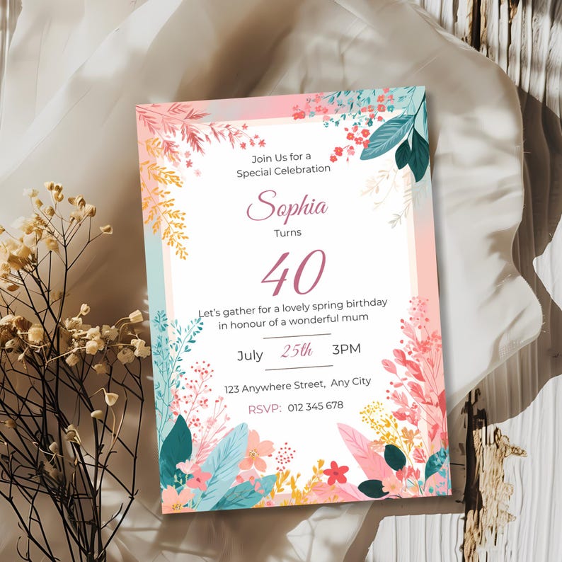 Printable spring birthday invitation template with soft pastel floral border and clean editable layout for a feminine celebration