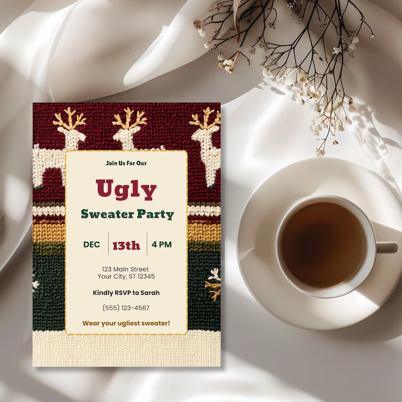 Ugly sweater party invitation styled for a cozy, casual holiday gathering