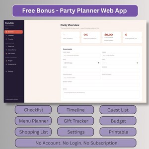 Free bonus party planner web app dashboard with checklist, timeline, guest list, menu planner, gift tracker, budget and shopping list, with no account or login needed.