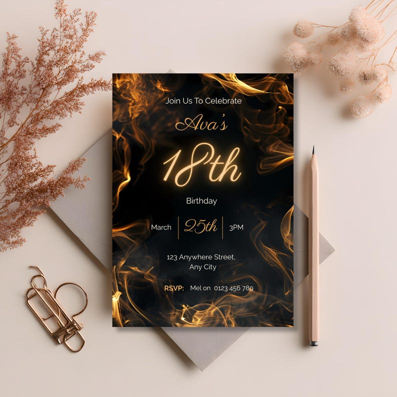 Close up of luxury gold smoke frame on moody black 18th birthday party invitation design