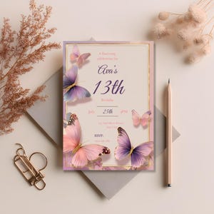 Romantic garden-themed birthday invitation with 3D-style butterflies and customizable text