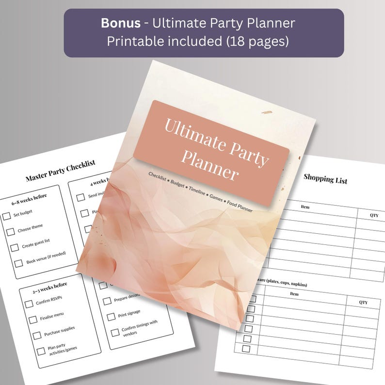 Free 18-page printable party planner bonus included with this bridal shower invitation, featuring a checklist, budget tracker, and shopping list.