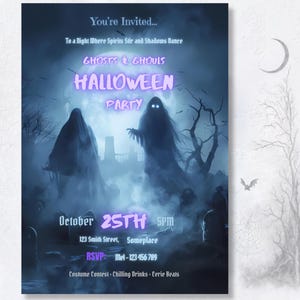 Invite styled with dark atmospheric backdrop | Halloween ghost invitation gothic style, blue fog graveyard scene, editable Canva template for adult parties