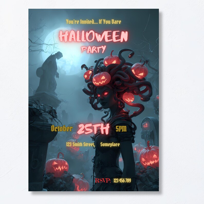 Halloween party invitation Canva template 5x7 inch, gothic Medusa pumpkin head design, spooky adult horror party invite printable