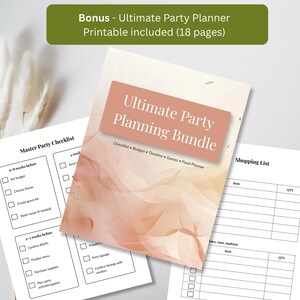 Radioactive birthday party planning bundle showing multiple printable pages including invitation, checklist, budget planner, guest tracker, food planner, and activity scheduling sheets