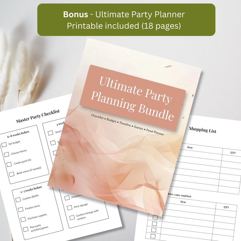 Radioactive birthday party planning bundle showing multiple printable pages including invitation, checklist, budget planner, guest tracker, food planner, and activity scheduling sheets