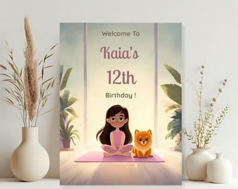 Birthday Welcome Sign Template | Puppy Yoga Birthday Welcome Sign | Editable Canva Template | Birthday Party Decor Sign | Digital Download