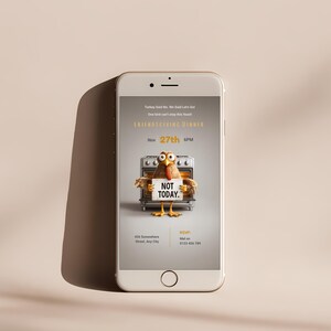 Funny Thanksgiving turkey invitation shown on a mobile phone screen, 1080x1920 editable text or evite template