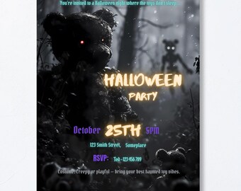 Halloween Party Invitation Editable, Creepy Teddy Bear Halloween Invite, Haunted Toy Horror Party Invite, Dark Gothic Canva Template