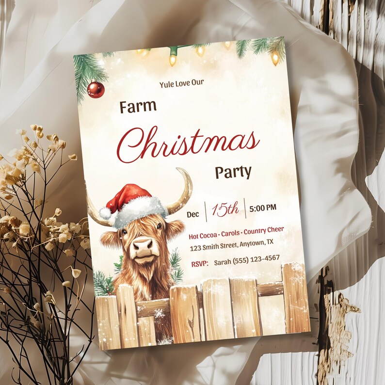 Rustic farm Christmas party invitation with a highland cow in a Santa hat on a whitewashed wooden desk with eucalyptus, glasses and a gold pen