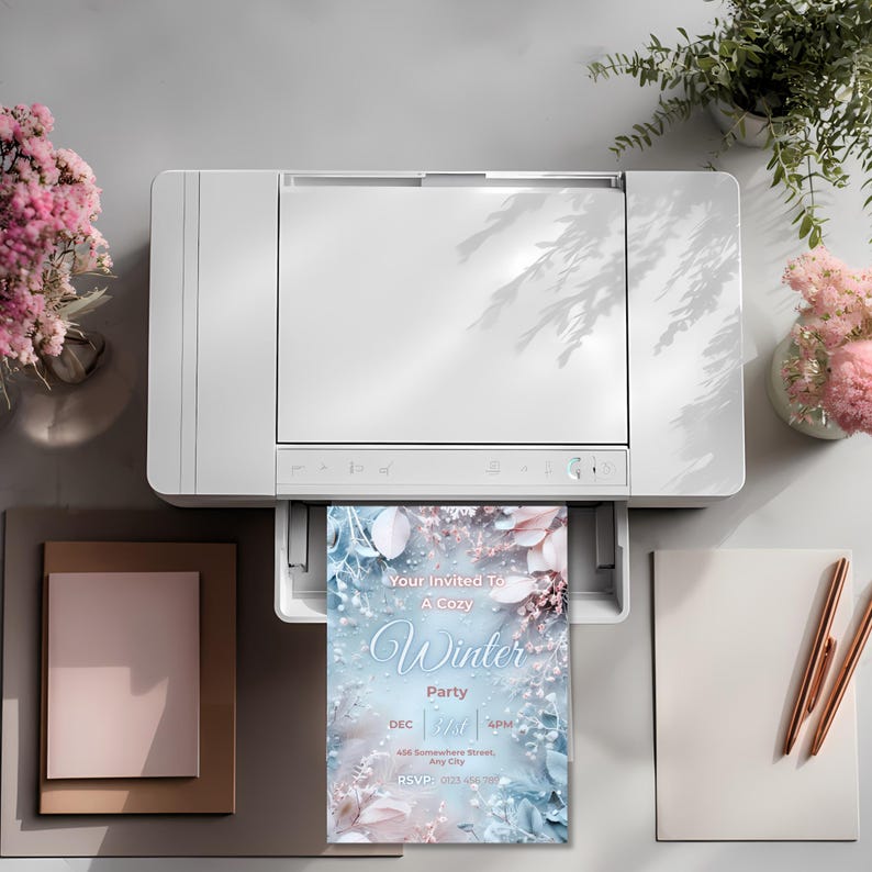 May include: A white printer printing a winter party invitation. The invitation has a blue and pink floral design with the text "Your Invited To A Cozy Winter Party". The scene includes flowers, stationery, and pens.