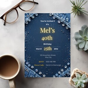 Close up of denim and diamonds invitation design showing textured denim background and diamond-style sparkle embellishments with editable birthday text