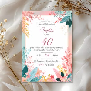 Close-up of pastel floral birthday invitation template showing delicate botanical border and elegant editable text space