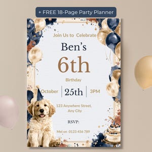 Watercolor puppy birthday invitation with free 18-page party planner bonus banner, navy and gold balloons
