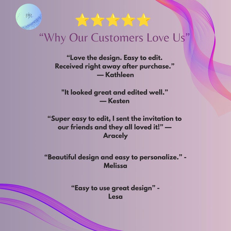5 star reviews surprise party invitation template easy to edit beautiful design editable Canva birthday invite for women