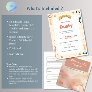 Infographic listing what's included: editable Canva invitation, mobile version, bonus party planner printable, and instructions