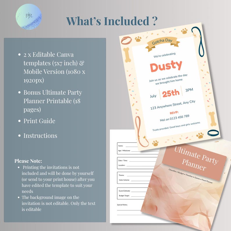 Infographic listing what's included: editable Canva invitation, mobile version, bonus party planner printable, and instructions