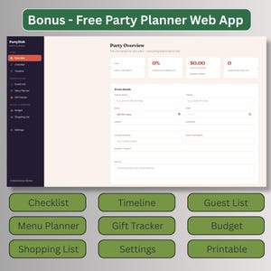 Free bonus party planner web app with checklist, timeline, guest list, menu planner, gift tracker, budget and shopping list, no account needed