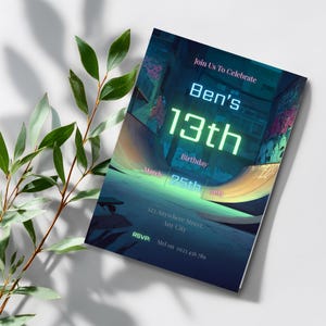 Glow neon birthday invitation for boys, clean center text layout for easy customization