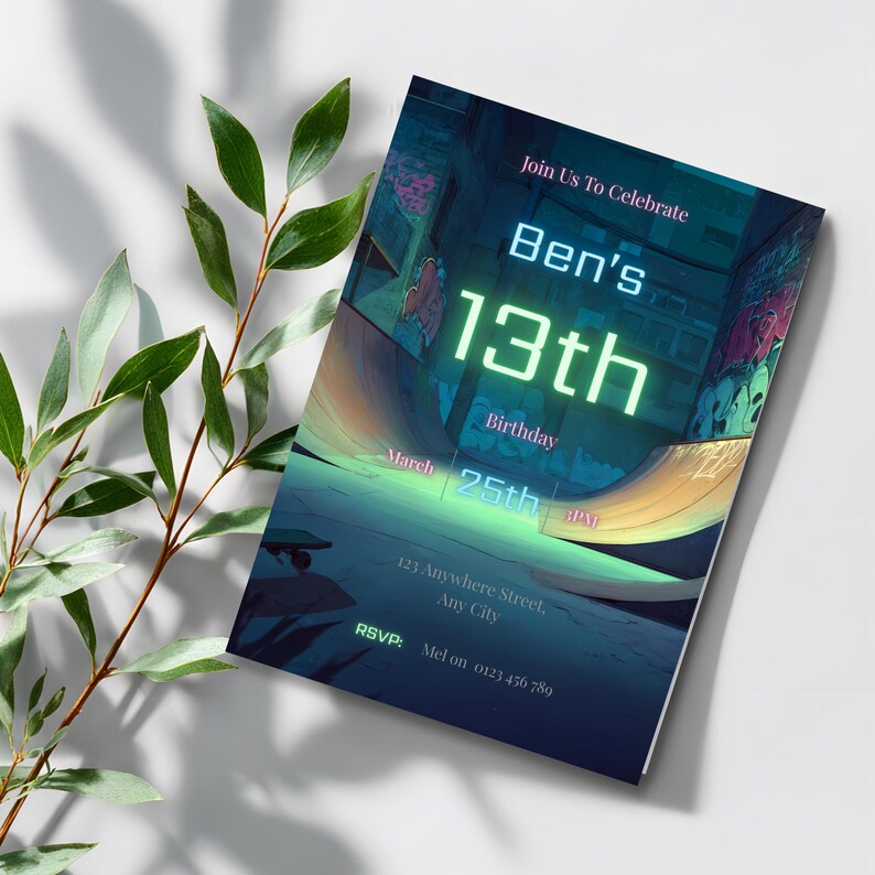 Glow neon birthday invitation for boys, clean center text layout for easy customization
