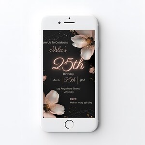 Mobile version of the black blush floral 25th birthday invitation displayed on a smartphone, 1080x1920px format perfect for sharing via WhatsApp or text message