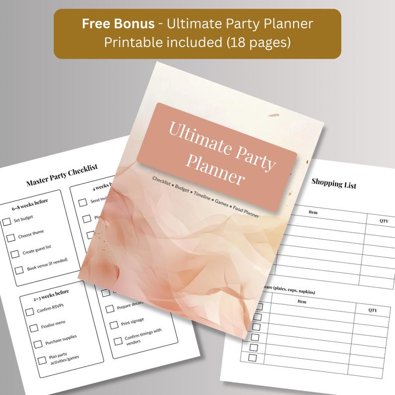 Free bonus 18-page printable party planner with master party checklist, shopping list and budget pages