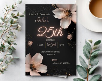 25th Birthday Invitation Template, Black Blush Floral, Elegant Dinner Party Invite, Canva Template, Free Party Planner, Instant Download