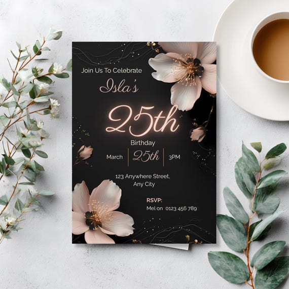 Black & Blush 25th Birthday Invitation