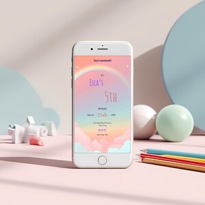 Digital rainbow birthday evite displayed on phone, 1080x1920 mobile invitation