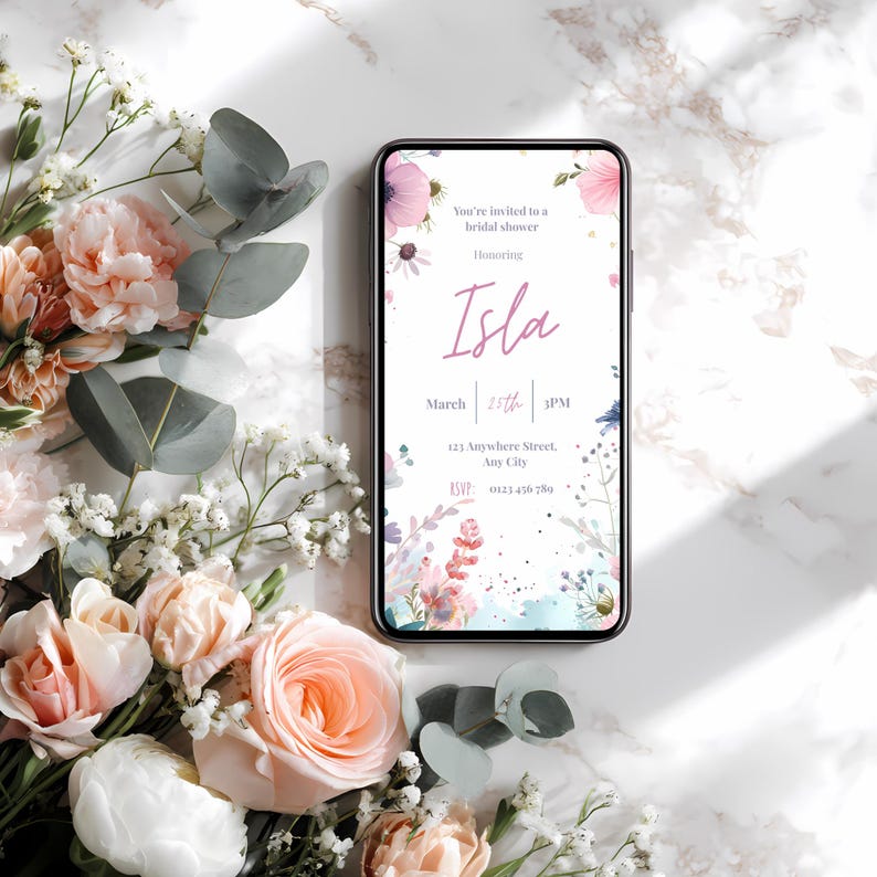 Mobile-sized bridal shower invitation (1080x1920px) displayed on a smartphone for easy texting or digital sharing.