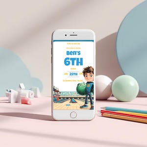 Editable bowling and arcade birthday invitation displayed on a mobile phone screen with superhero birthday boy holding bowling ball Canva template