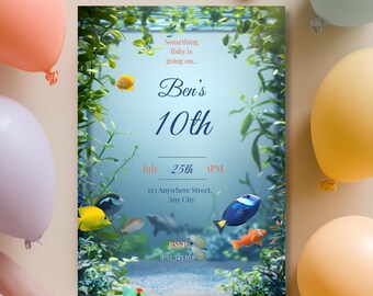 Aquarium Birthday Invite Boy, Editable Fish Tank Party Invite, Kids Aquarium Birthday, Printable Canva Template