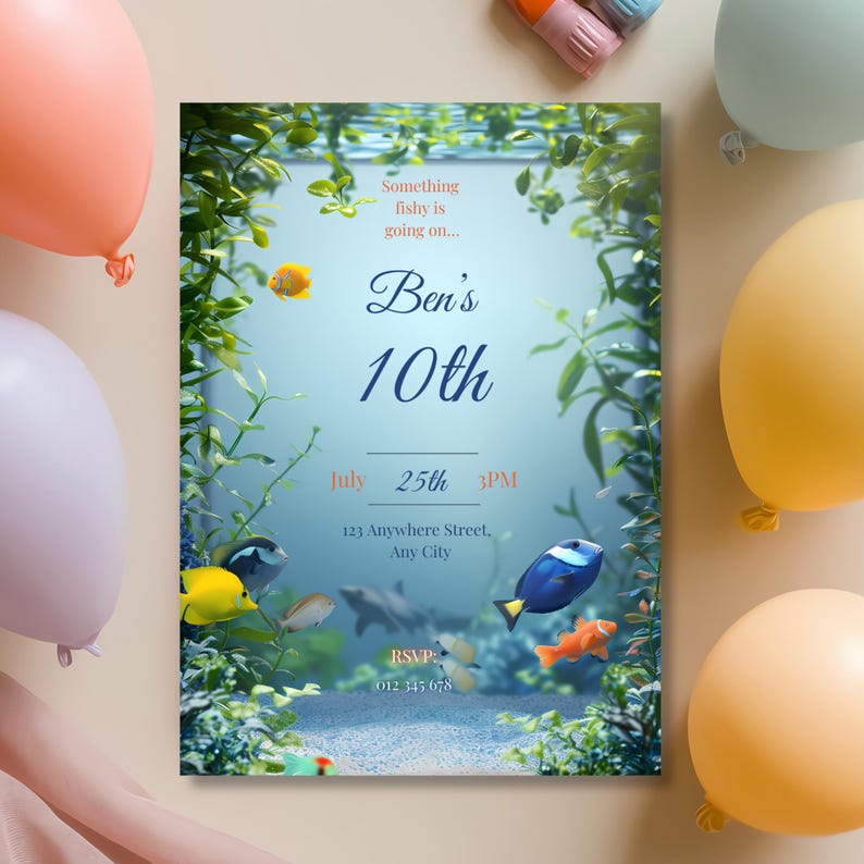 Bright and colorful aquarium birthday invitation featuring vibrant fish, lush aquatic plants, and a clear central space for adding party details, perfect for kids’ under the sea themed birthday parties, editable in Canva and printable.